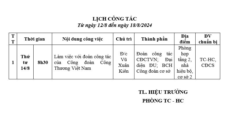 Lịch công tác từ 12.8